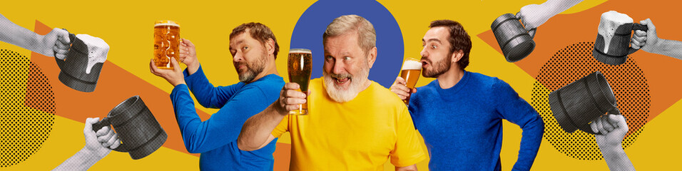 Creative colorful collage. Men drinking delicious beer against abstract bright background....