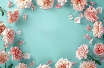 Pastel Pink Roses and Chrysanthemums on Turquoise Background