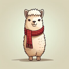 Obraz premium Cute cartoon alpaca character wearing a red scarf, standing upright with a happy expression. Adorable design on a neutral background.