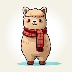 Obraz premium Cute cartoon alpaca wearing a red scarf. Adorable illustration perfect for children's books, greeting cards, and educational materials.