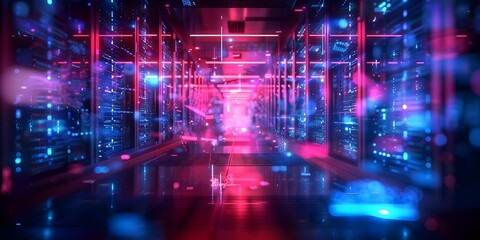 Futuristic data center corridor with blue neon lights and floating data particles. Concept Technology, Futuristic Design, Data Centers, Neon Lights, Visualization