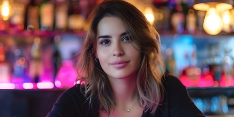 A young Latin woman with brown hair sitting alone in a bar. Concept Portrait, Latin Heritage, Young Woman, Brown Hair, Bar Setting