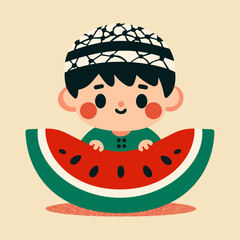 Palestinian child with watermelon: a symbol of prosperity and victory, celebrating hope, abundance, and triumph. watermelon design.