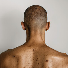 Close-up of a man's back with several moles clearly visible on the skin, on a simple background