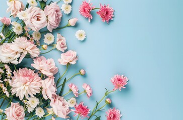 Pink Roses and Chrysanthemums on Pastel Blue Background