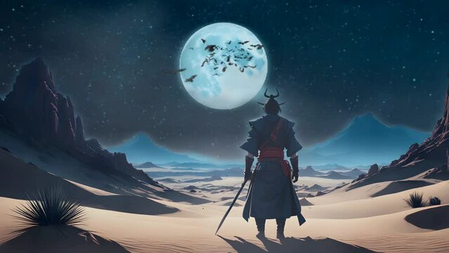 Samurai in desert at night. Seamless looping time-lapse 4k video animation background