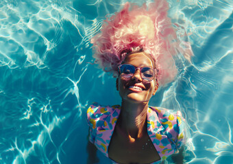 Fun positive happy youth woman with modern design suit floating on surface of water. Copy space.