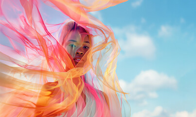 Obraz premium Portrait of a beautiful African American woman with a transparent multicolor silk cloth around her head. Summer holiday concept outside.