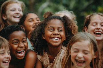 Fototapeta premium A group of children are smiling and hugging each other