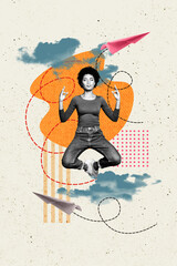 Vertical photo collage of peaceful american girl jump retreat pose meditation paper plane origami flight isolated on painted background
