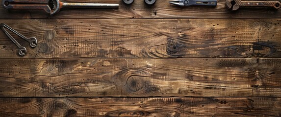 Top view flat lay of building tools on a wooden table with copy space. The banner design highlights various construction tools, emphasizing craftsmanship and DIY projects.
