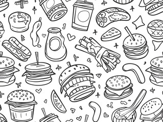 Burger and soft drink theme. Cartoon doodle drawing for children on a white background. 