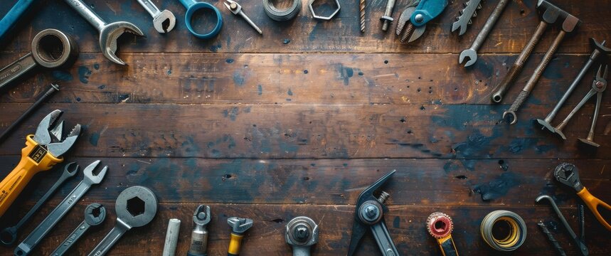 Top view flat lay of building tools on a wooden table with copy space. The banner design highlights various construction tools, emphasizing craftsmanship and DIY projects.