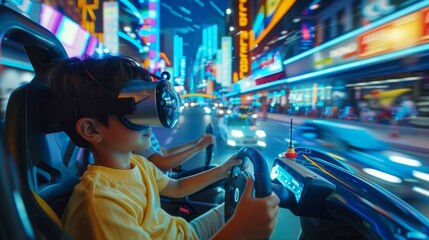 Fototapeta premium A group of children on a virtual reality car race surrounded by a bustling and vibrant digital city.