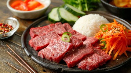 Fresh whole beef and beef slices accompanied by raw rice and fresh vegetables.