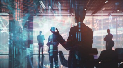 A businessman presents his new product to a group of potential investors all of whom appear as holographic projections in the room.