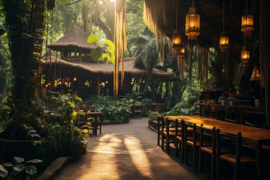 Vibrant Jungle cafe thailand. Wooden forest. Generate Ai