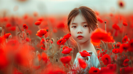 Naklejka premium Portrait of a young asian girl with pale skin standing in a field of red flowers. Dream-like and ethereal