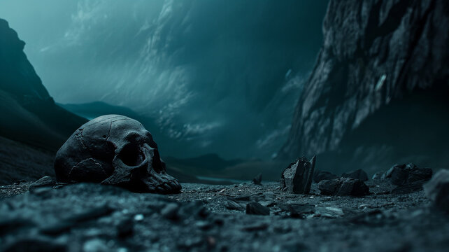 Human skull in valley of death desert. gloomy