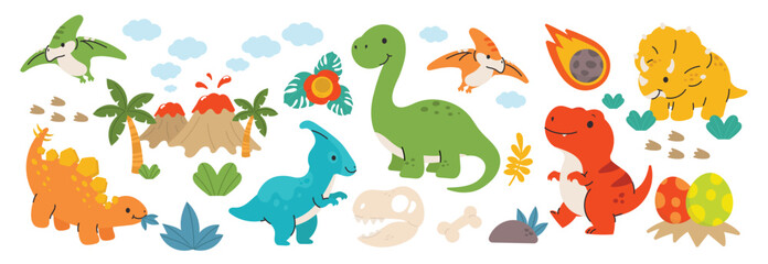 Cute dinosaurs vector set. Hand drawn doodle triceratops, stegosaurus, tyrannosaurus, diplodocus, pterosaur. Dinosaur comic character design for kids, print, clothes, poster, education, edutainment.