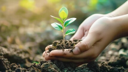 Fototapeta premium New seedling tree sprout is growth in soil holding hands, reforestation theme concept.