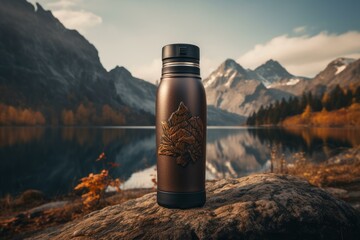 Stylish thermal bottle on a rock with serene lake and autumn mountains backdrop