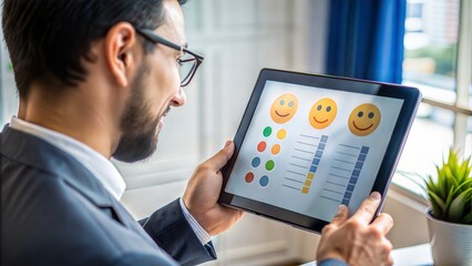 Customer Experience Manager with Feedback Dashboard: A customer experience manager reviewing customer feedback on a digital dashboard, illustrating customer satisfaction tools.
