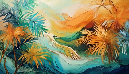 A abstract painting with palm leaves