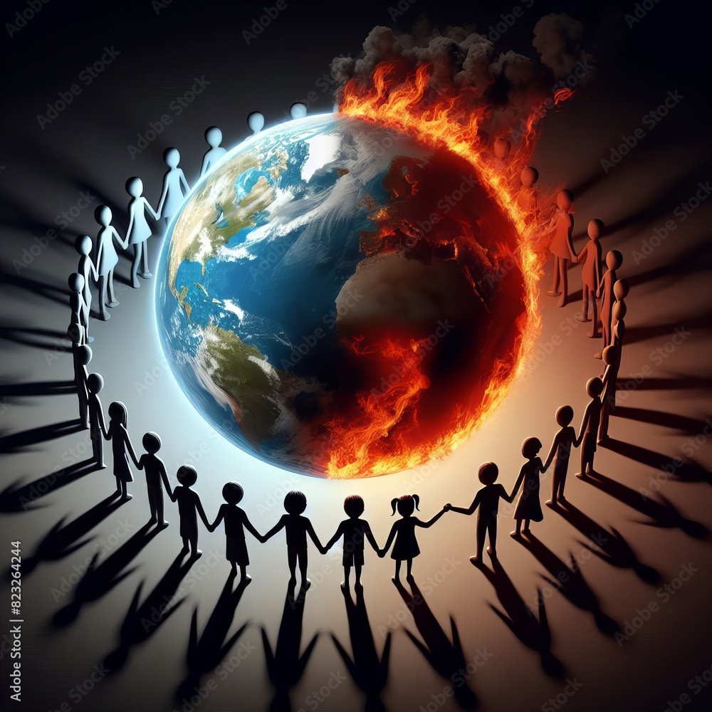 Poster conceptual image of earth burning with half in flames, surrounded by human silhouettes holding hands