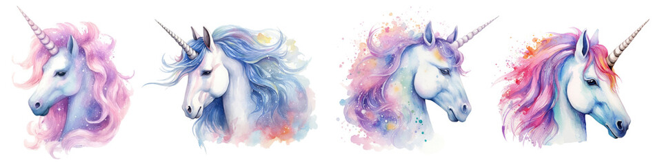 Watercolor unicorn png element set on transparent background