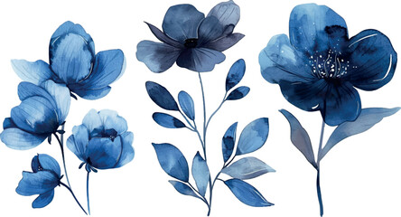 Watercolor painted set of blue and emerald flowers. Vector traced floral collection isolated.