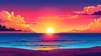 A Vibrant Beach Sunset With The Sky Ablaze In Shades Of Orange, Pink, And Purple, Cartoon ,Flat color