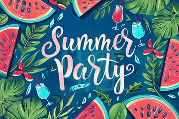 Summer party poster with watermelon, cocktails, palm leaves and bright colors