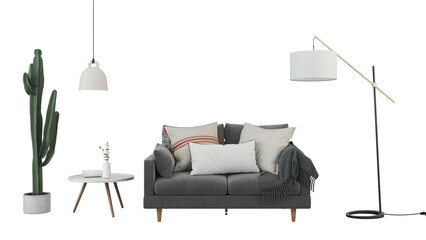 Modern living room cozy minimal with a sofa, armchair, table, and plants Interior furniture set 3D render. Living room house floor template mockup design , isolated on transparent background