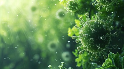Close up of green microbes, molecules, viruses and bacteria