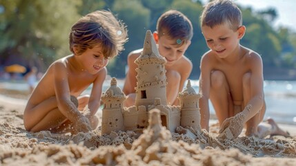 Children building sandcastles on the beach. family vacation and tourism activities
