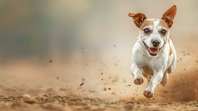 Small happy dog runs fast on the sand.