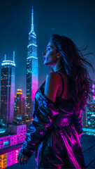 Beautiful silhouette of a woman with long hair standing on a rooftop with a neon cyberpunk city skyline in the background