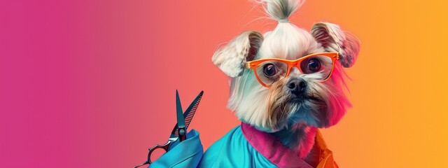 A cool dog in sunglasses is holding scissors in its mouth on a bright gradient background.