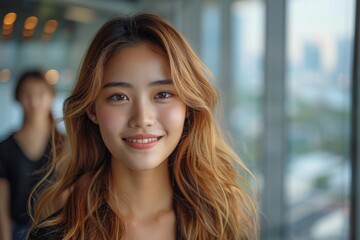 Fototapeta premium Portrait of happy businesswoman with touchpad in office looking at camera.
