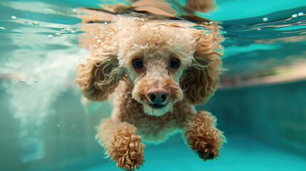 A cute poodle is swimming in the pool.