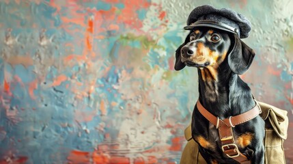 Obraz premium A dachshund wearing a hat and a bag around its neck stands in front of a colorful wall.