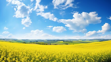 Fototapeta premium beautiful spring landscape, meadow with yellow flowers against the blue sky, spring and summer flower panorama