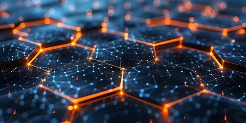 Hexagonal grid pattern of Graphene Neural network molecular structure in image. Concept Nanostructures, Graphene, Neural Networks, Molecular Structures, Hexagonal Grid Pattern