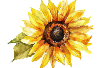 Watercolor sunflower clipart with bold yellow petals and a brown center, isolated on white background 