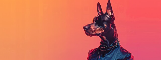 A Doberman Pinscher with cropped ears and wearing a blue collar is sitting in front of a gradient background.