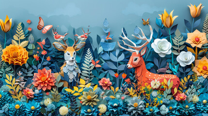 Wildlife animal with blue background in Paper craft style.