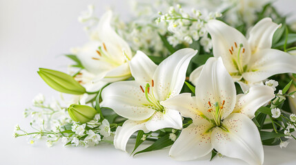 Fototapeta premium A bouquet of white lilies in the white background.