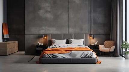 Modern bedroom interior with a comfortable bed and minimalist decor Interior design and lifestyle concept