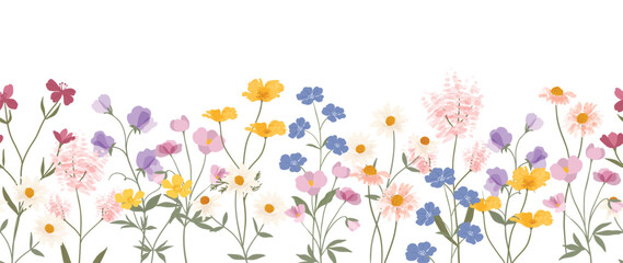 Spring flat flower background vector. Horizontal seamless floral pattern. Botanical art print for Happy Easter, Folk style home decor , Wall decoration, and fabric.